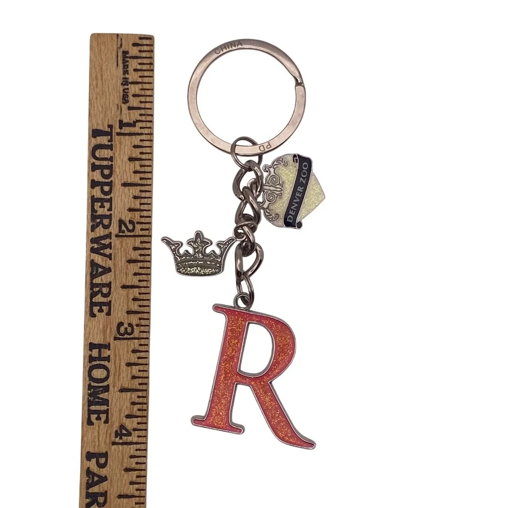 Denver Zoo Initial R Keychain Pink Glitter Crown Souvenir Silver Tone Charm